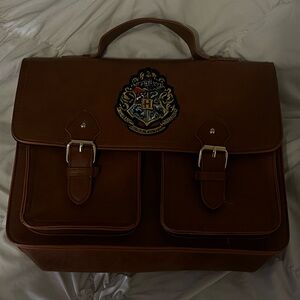 Elegant Brown Leather Laptop Bag with Crest